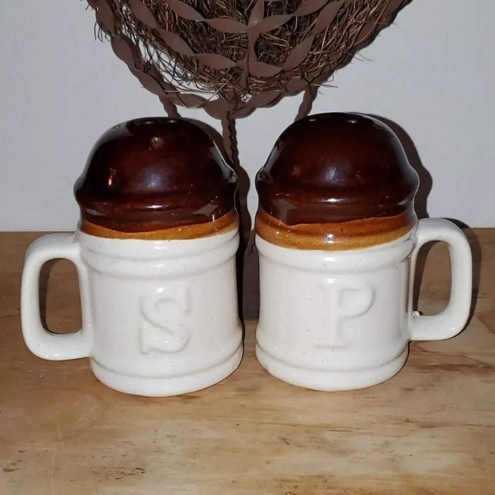 Vtg. Brown Crockery Salt Pepper Shakers Handles